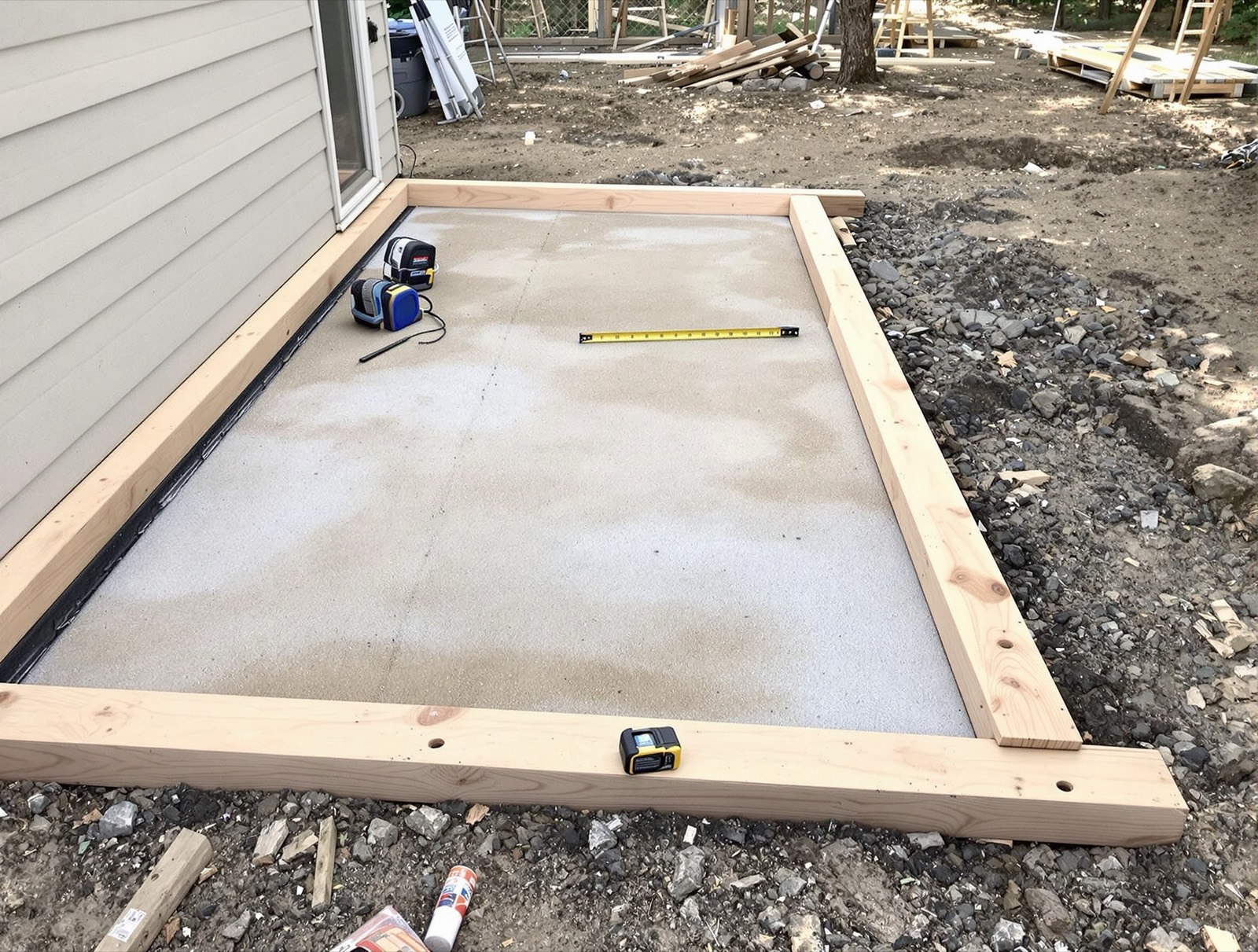 Level concrete pad and pressure-treated sill plate for an outdoor sauna