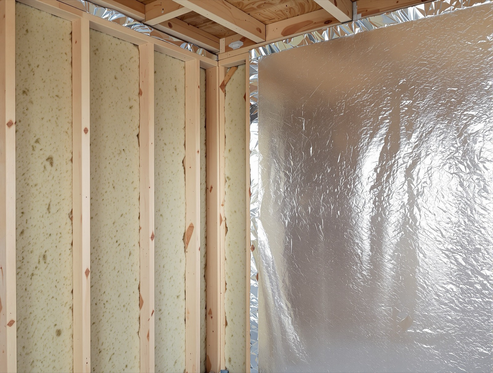 Mineral wool insulation with foil vapor barrier stapled to sauna framing