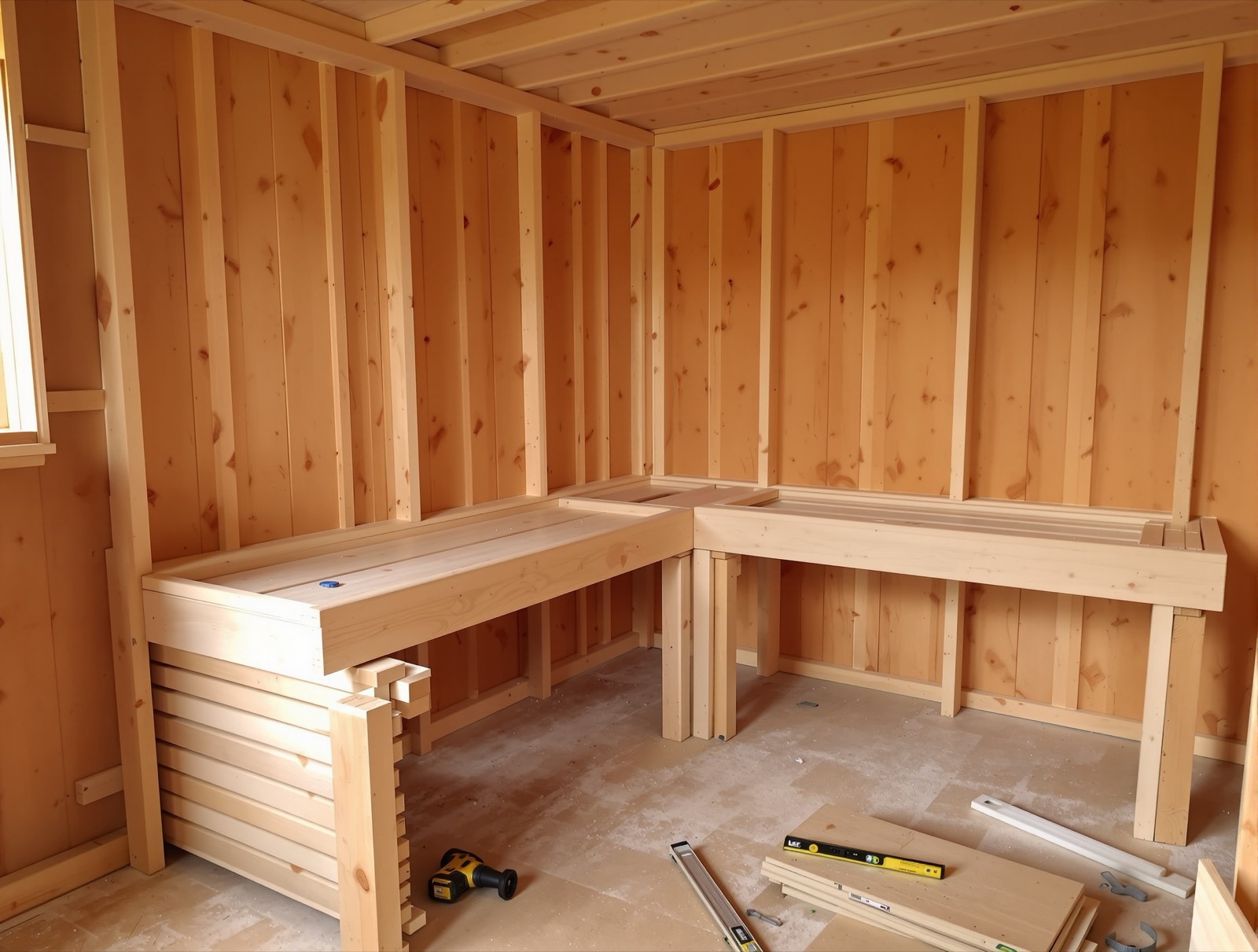 Sauna bench framing being built inside a clad sauna room