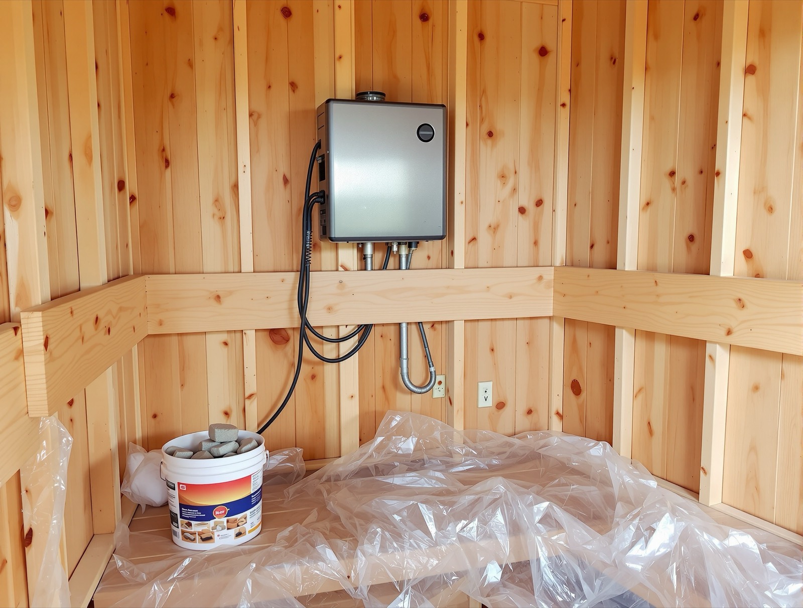 Sauna heater mounted with guard rail and stones being stacked