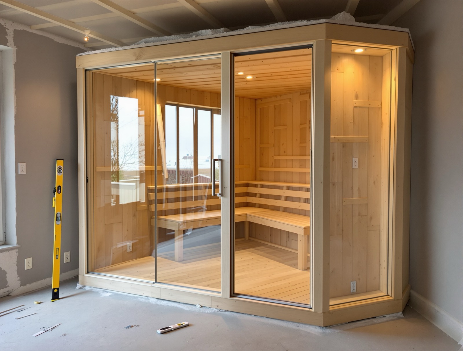 Finished sauna with glass door installed and lighting on