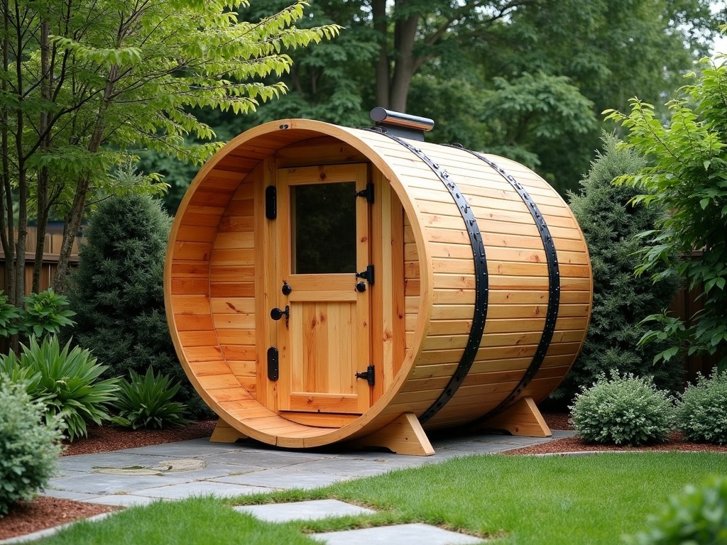 Backyard barrel sauna