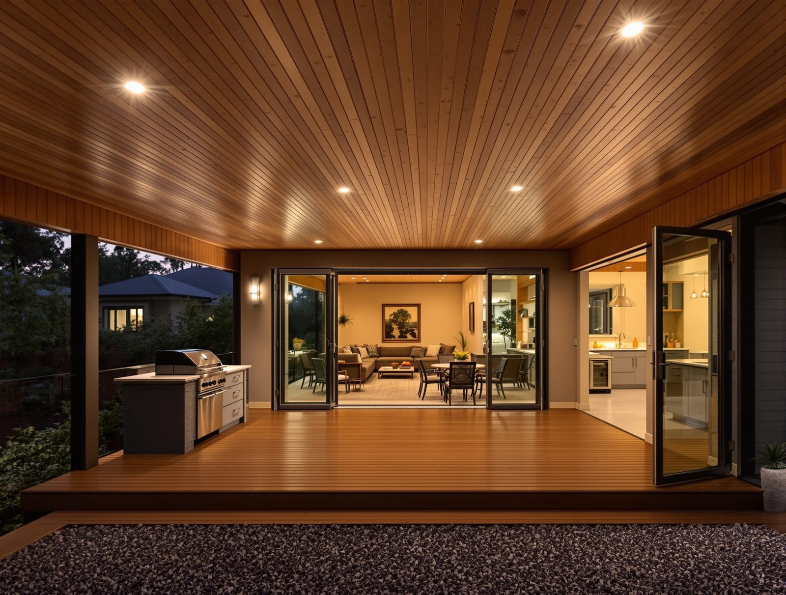 Covered deck with outdoor kitchen and folding glass doors open to the interior