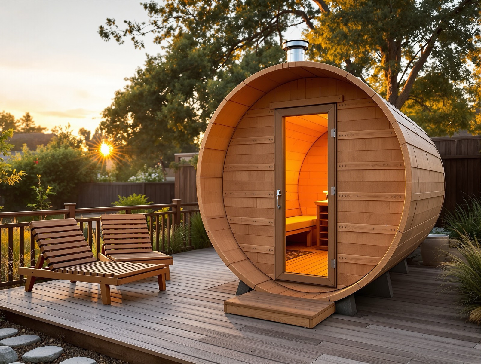 Cedar barrel sauna in a backyard at dusk