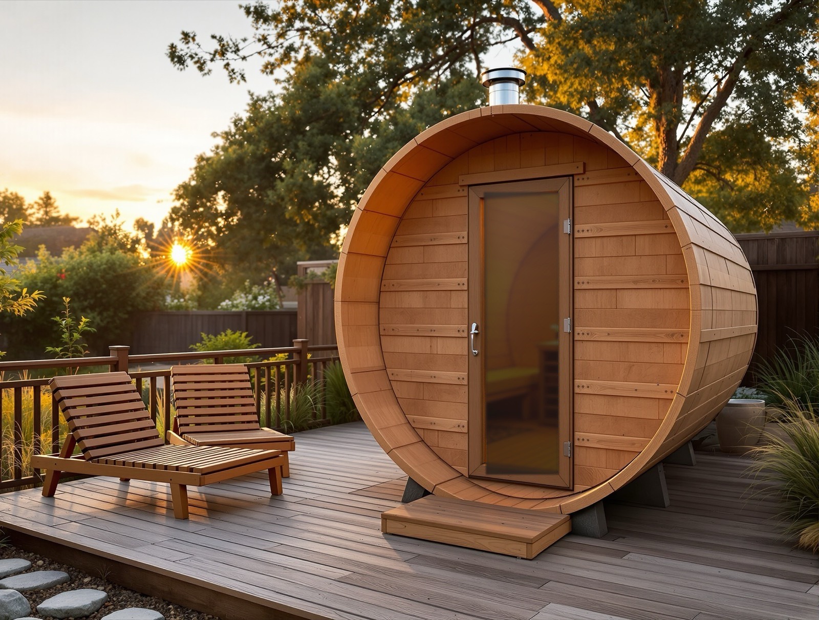 Cedar barrel sauna on a backyard deck at golden hour