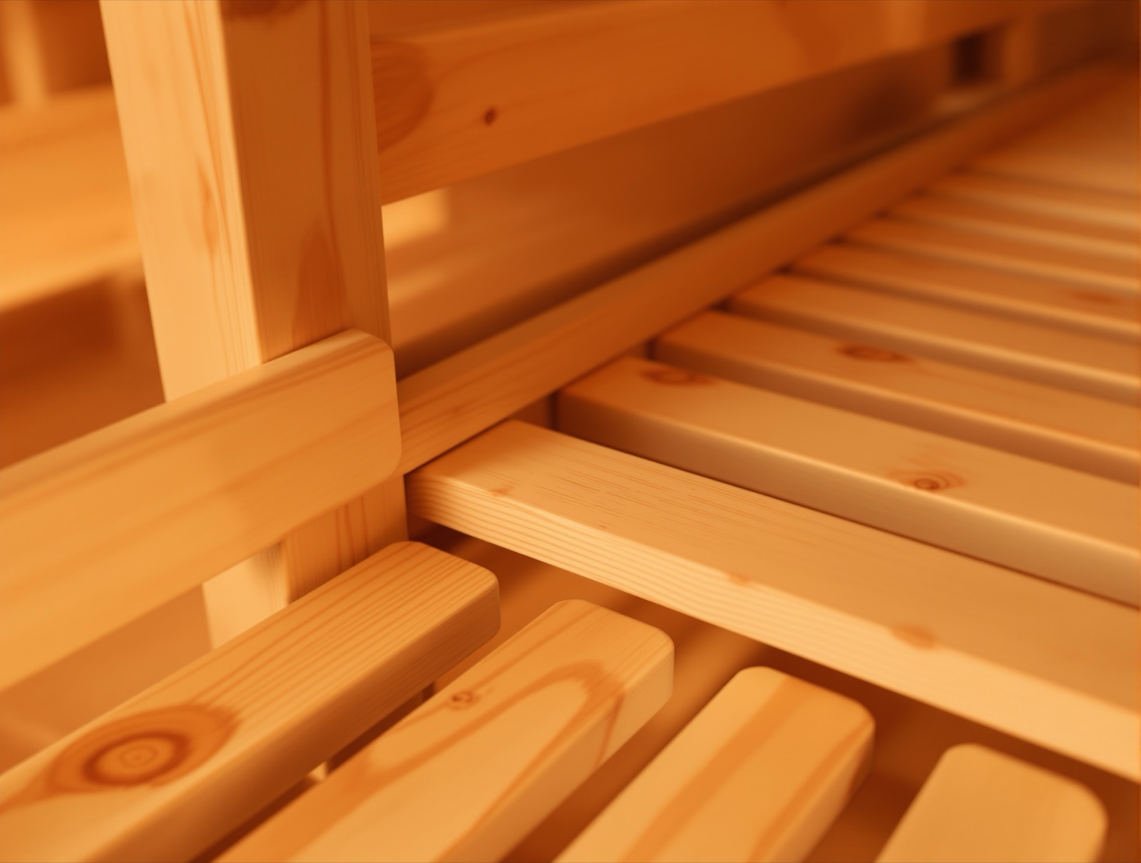 Close-up of cedar sauna bench and backrest joinery