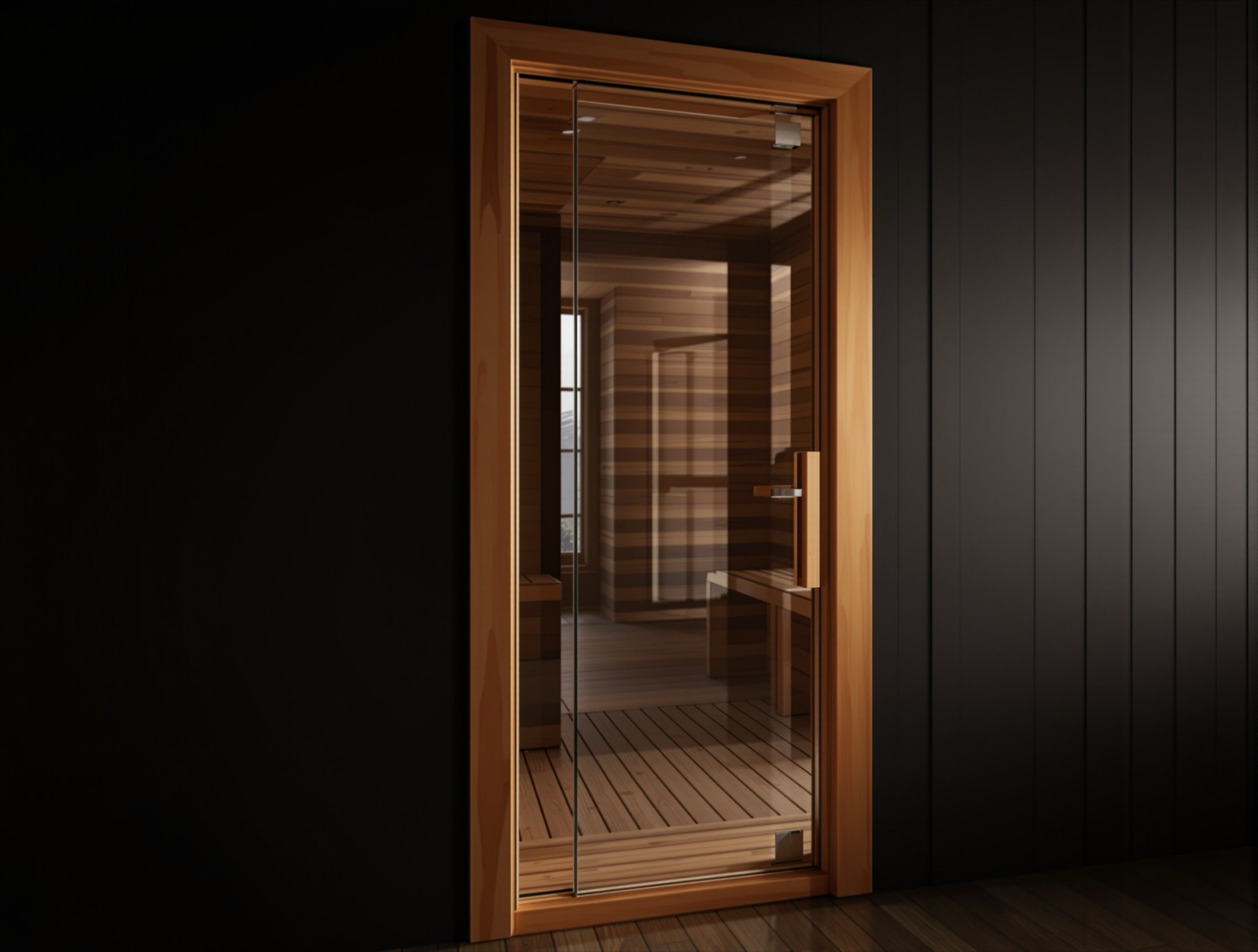 Full glass sauna door in cedar frame