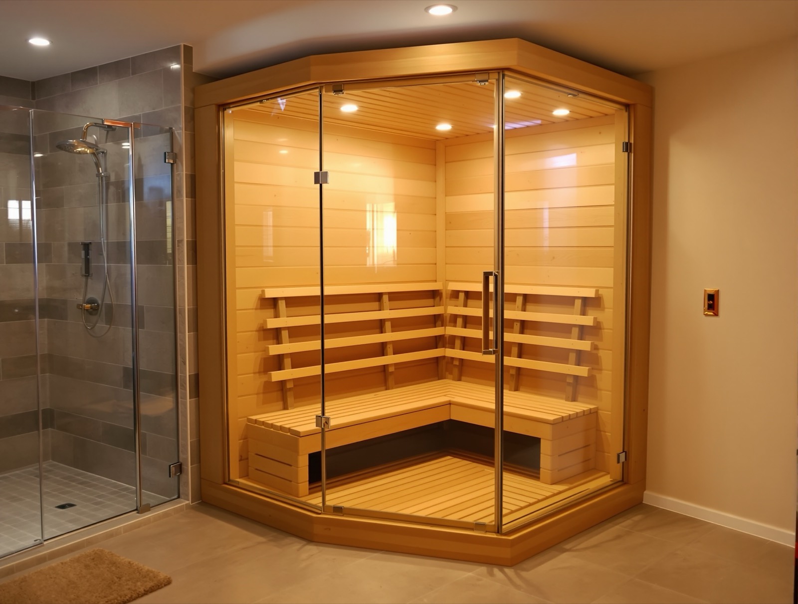 Indoor sauna with full glass front wall