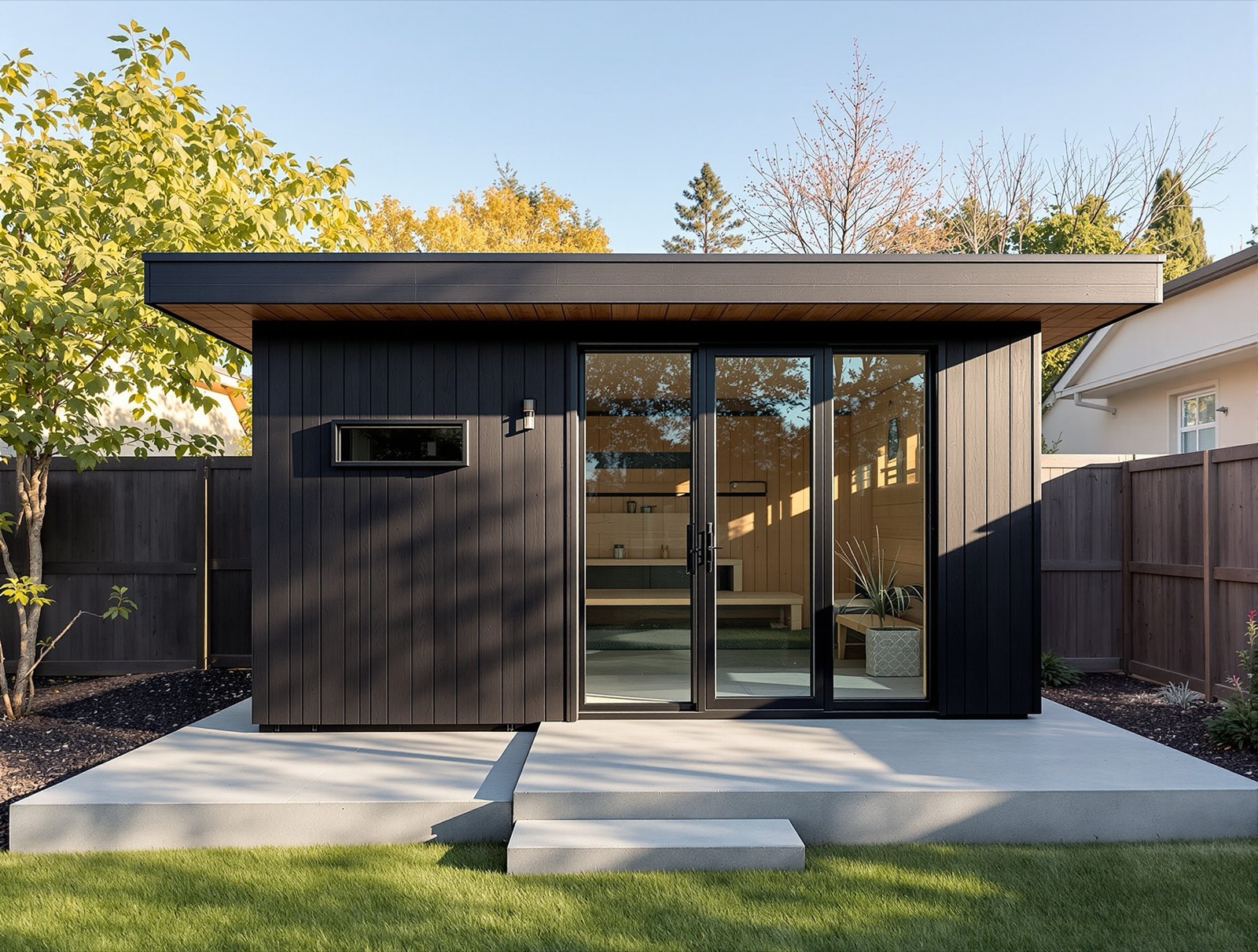 Modern black-stained outdoor cabin sauna