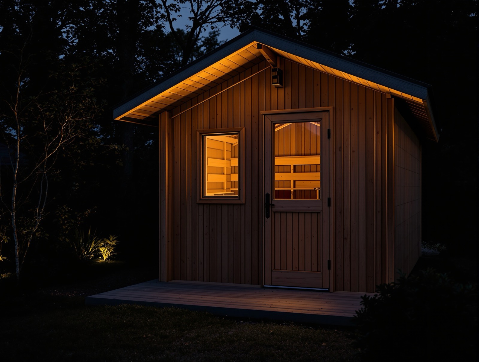 Outdoor sauna lit from inside at night