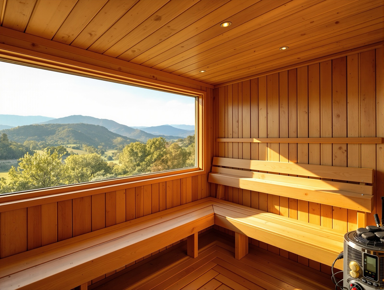 Sauna interior with panoramic window overlooking hills