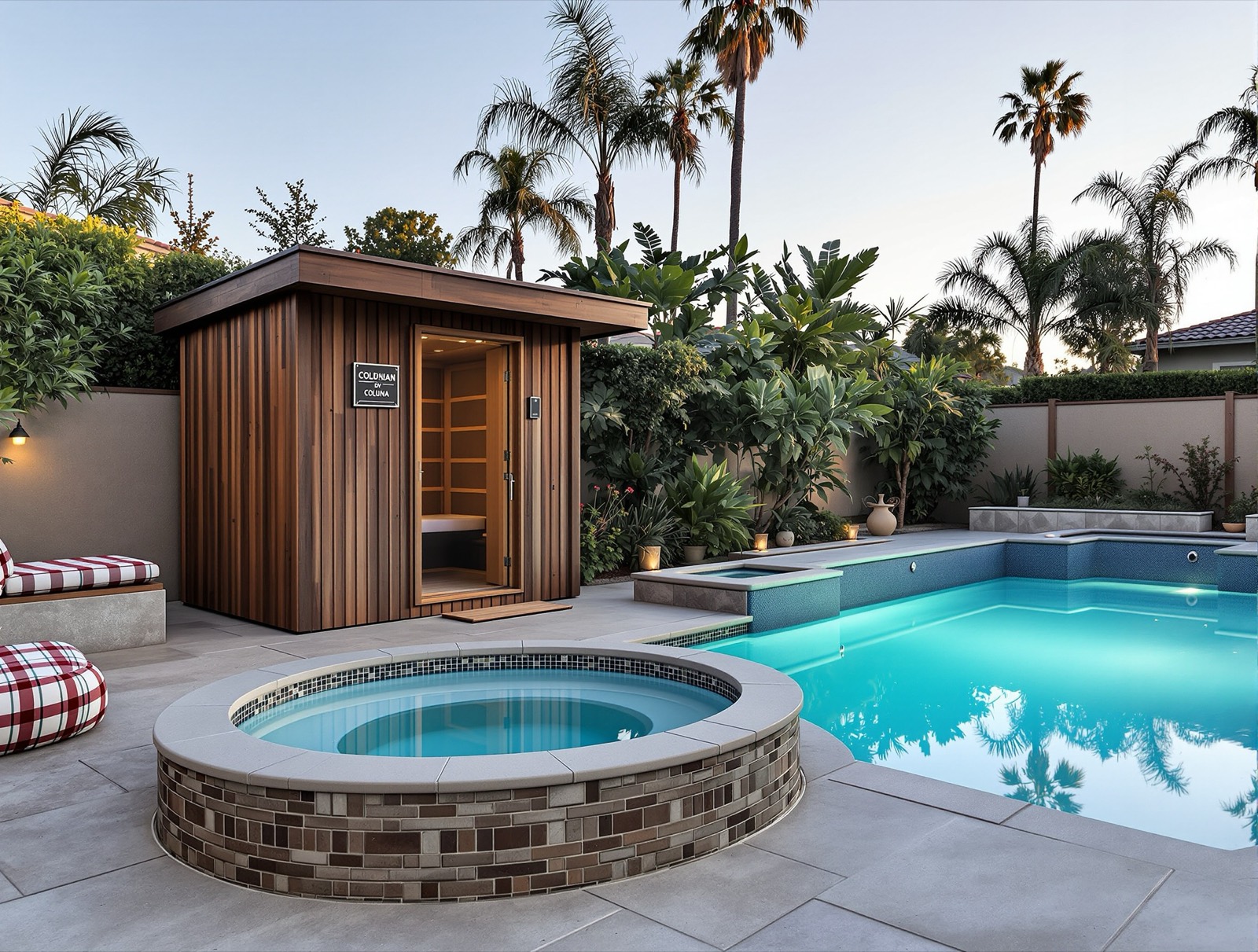 Poolside sauna with cold plunge tub