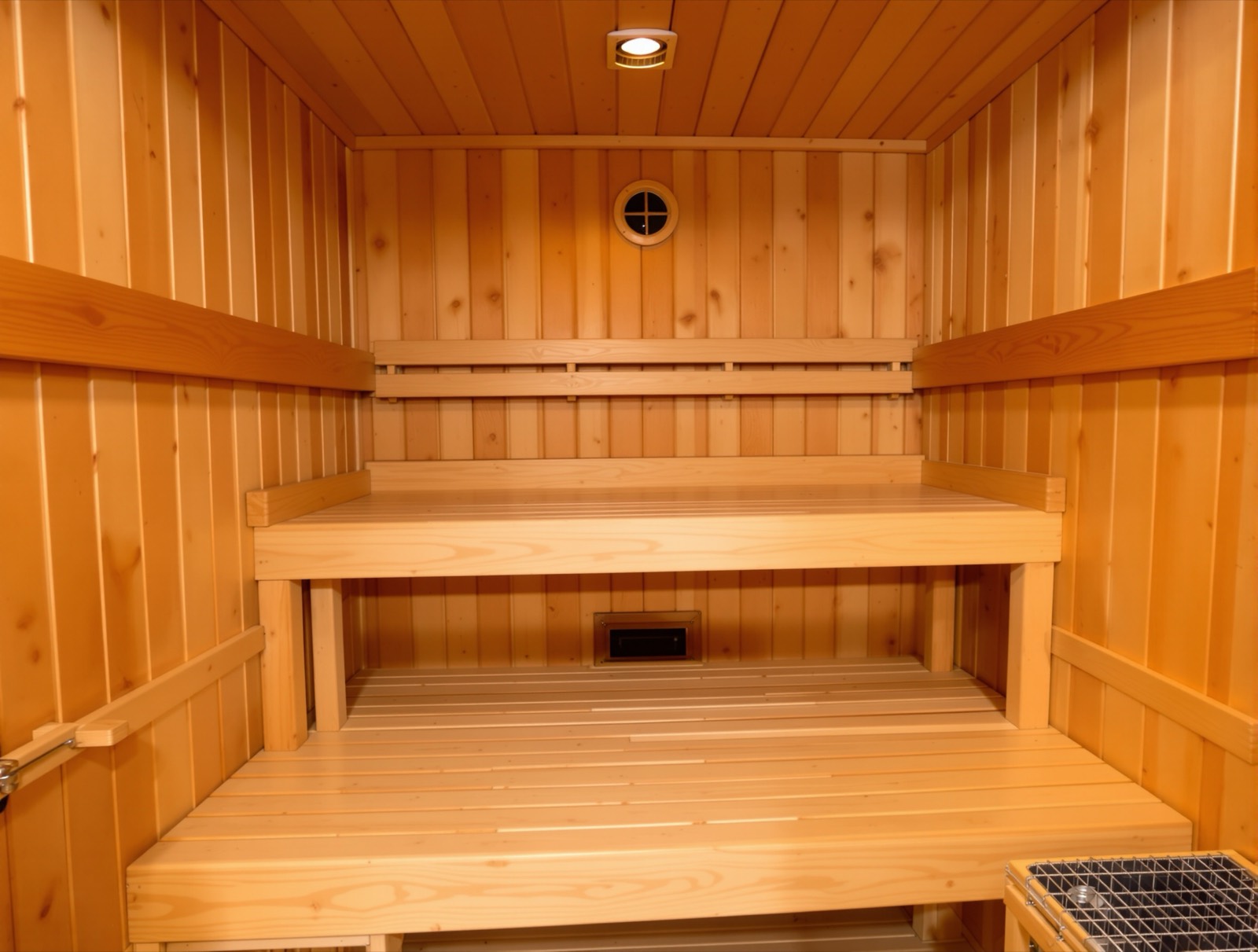 Two-tier sauna benches in clear cedar
