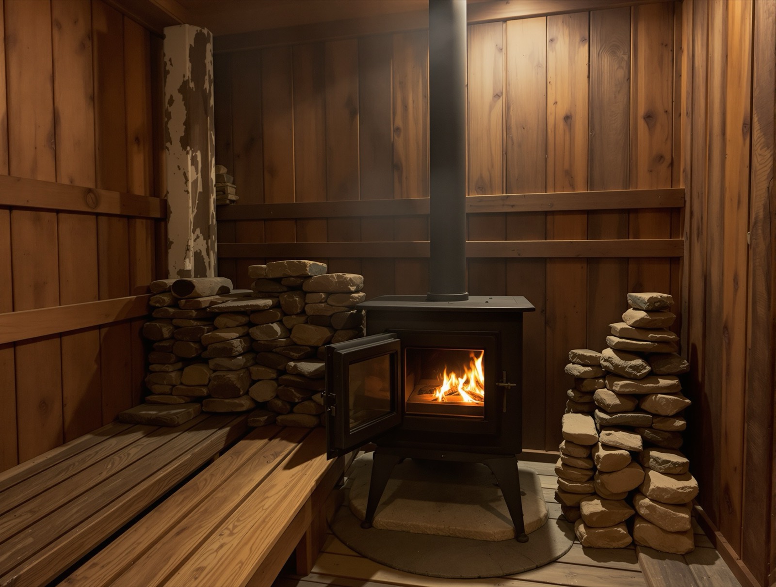 Wood-fired sauna interior with cast iron stove