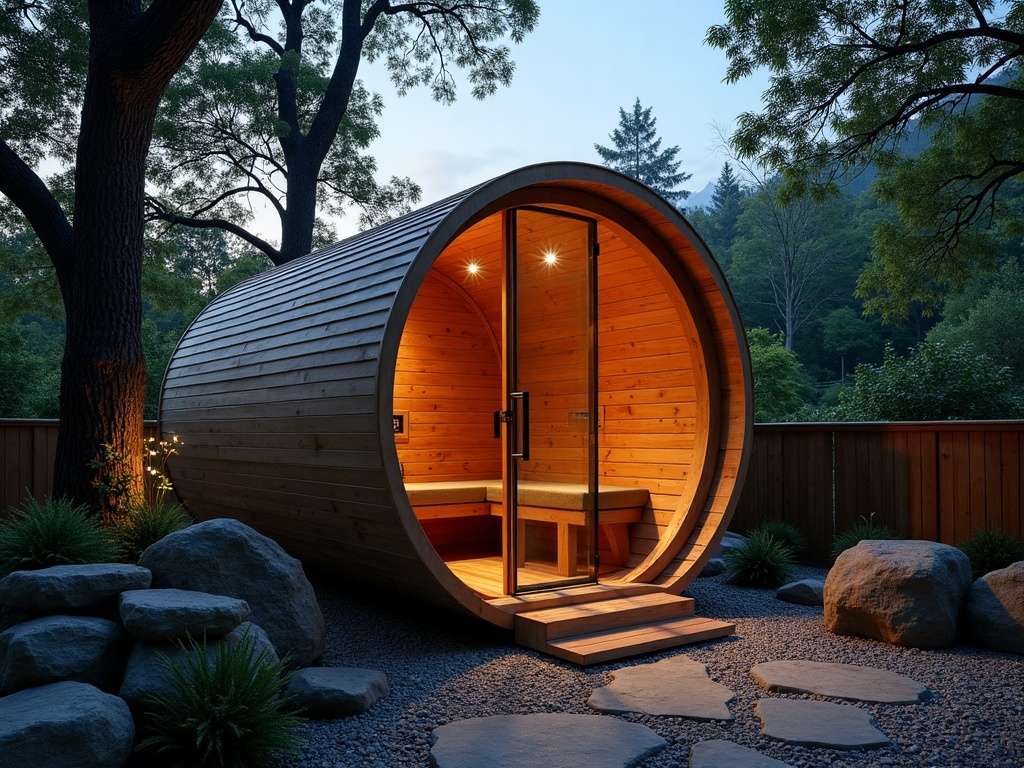 Custom outdoor cedar barrel sauna at dusk