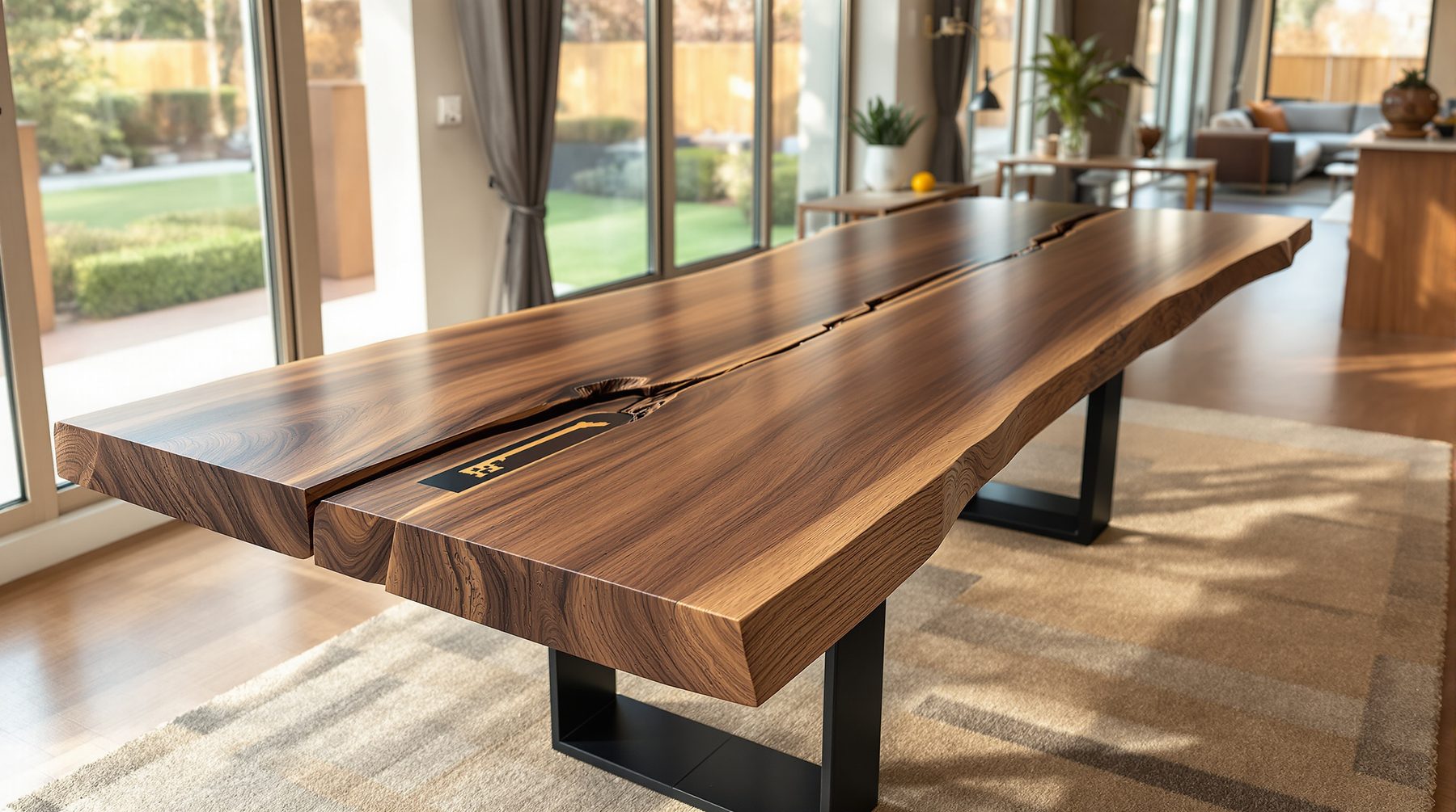 Large solid live-edge walnut table with blackened steel base