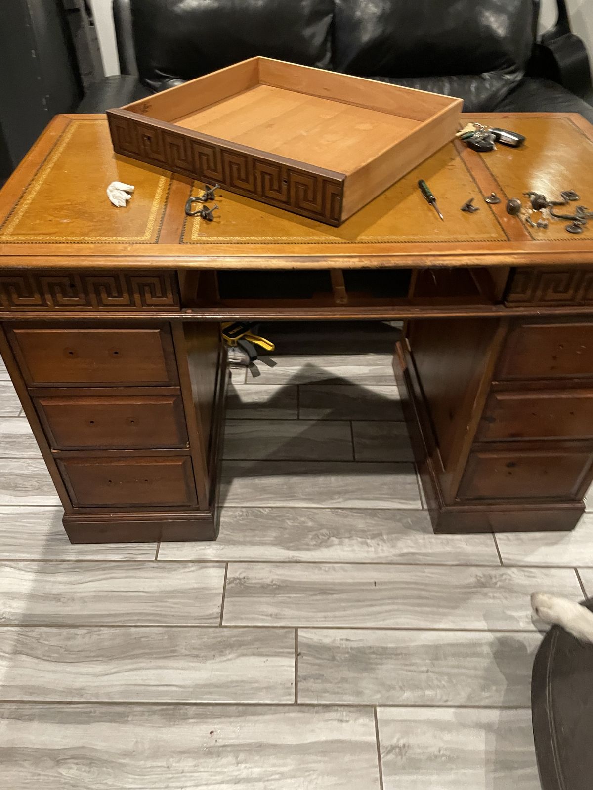 Original oak executive desk before restoration