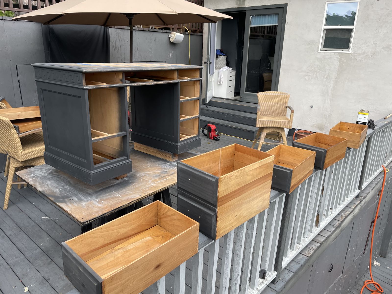 Desk stripped and disassembled on the deck