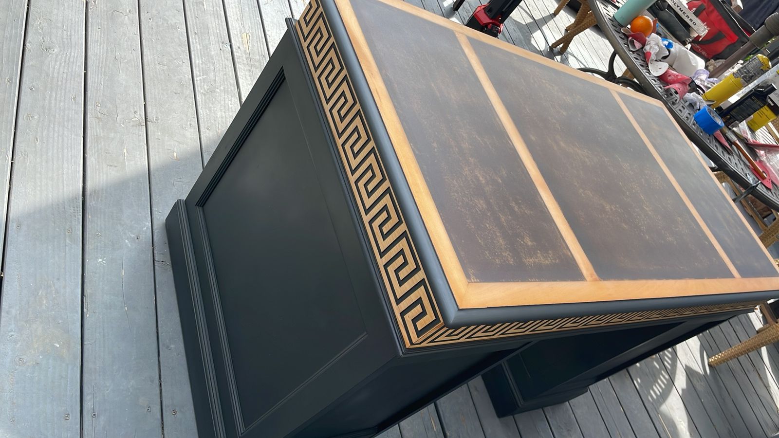 Finished desk from above showing the inlaid top